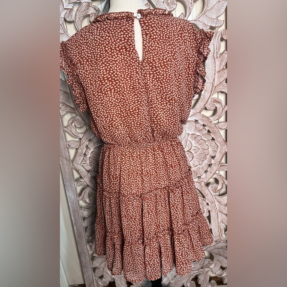 The Boardwalk Rust/Burnt/Brown Orange Print Ruffle Tie Cut Out Mini Dress Sz L - Picture 6 of 7